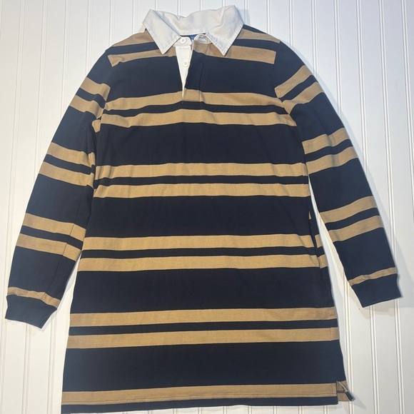 OLD NAVY 90's Reissue NAVY Tan STRIPE Rugby POLO Long SLEEVE Shirt DRESS M - Picture 1 of 8